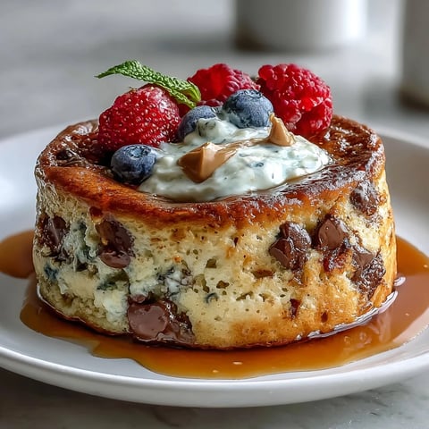 Golden-brown Baked Protein Pancake Bowl fresh from the oven, topped with peanut butter and maple syrup for a delicious high-protein breakfast.