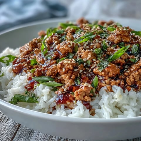 A close-up of Korean-Style Ground Turkey spooned over steamed rice, garnished with chives and toasted sesame seeds, ideal for a quick weeknight meal.