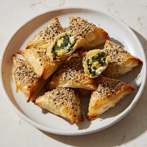 Golden-brown mini Spanakopita triangle cluster, a delicious Greek appetizer, fresh from the oven.
