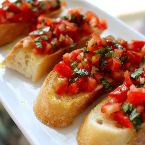 Freshly made Bruschetta toasts, featuring ripe tomatoes and herbs, perfect for a summer appetizer.