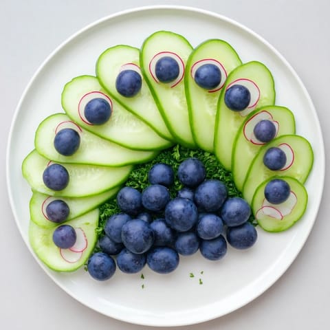 Freshly arranged Peacock Tail appetizer: cool cucumber slices form a visually stunning base for the grapes.