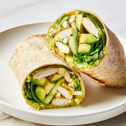 A colorful Green Goddess Wellness Wrap displays fresh ingredients like spinach and cucumber ready to eat.