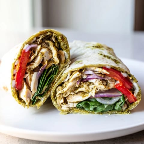 Delicious and colorful Pesto Chicken Wrap: a savory medley of chicken and pesto inside.