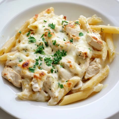 This creamy Chicken Alfredo Bake features tender chicken and golden cheese, perfect for a satisfying dinner tonight.