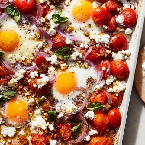 Golden, baked Tomato Feta Eggs with juicy tomatoes and creamy feta cheese, perfect for brunch.