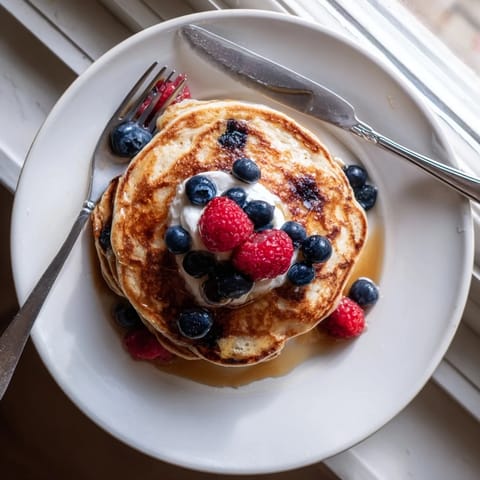 Golden-brown cottage cheese pancakes sizzling in a skillet, ready to be served with Greek yogurt and a pat of butter.