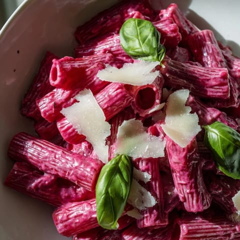 Vibrant Pink Pasta with Beet Cream in a skillet, topped with basil leaves and extra Parmesan.  