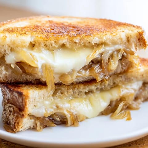 A close-up view of a Caramelized Onion Grilled Cheese, with crispy bread and gooey, melted cheese.