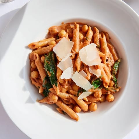 A bowl of Creamy Tuscan Chickpea Pasta garnished with torn basil and Parmesan, steam rising from the vibrant, creamy vegetarian main dish.  
