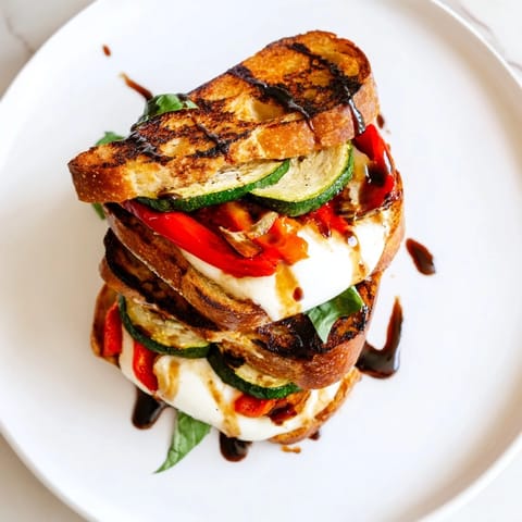 Fresh basil and melted mozzarella top roasted zucchini and peppers on toasted bread for a vibrant Roasted Veggie Caprese Grilled Cheese ready to serve warm.