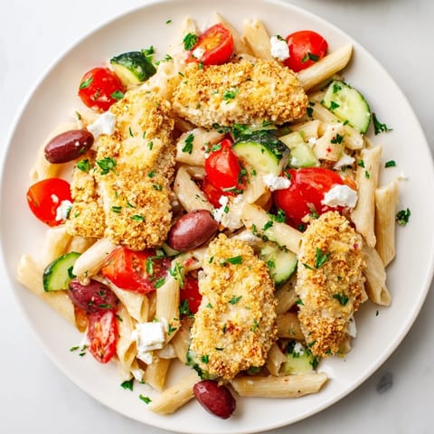 A close-up of crispy chicken and short pasta tossed with feta, cherry tomatoes, and a zesty oregano dressing.  