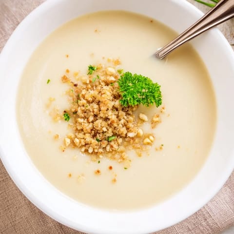 Roasted celeriac soup topped with crunchy hazelnut crumble and a drizzle of cream, presented on a warm wooden table.