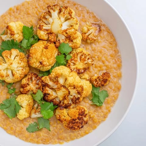 Golden, spicy cauliflower florets top a creamy bowl of vegan Dhal with Cumin-Roasted Cauliflower.