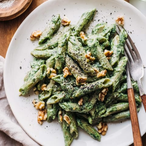 A vibrant green sauce coats al dente pasta in this Creamy Spinach Walnut Pasta, served with extra walnuts on top.  