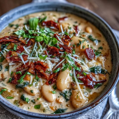 Savory Creamy Tuscan White Bean Soup with sun-dried tomatoes and Parmesan, served alongside crusty bread for dipping.