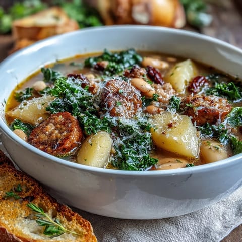 This hearty Italian-inspired soup features crumbled sausage, creamy white beans, and tender kale in a rich broth.