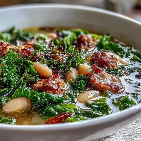 A warm bowl of Italian White Bean Soup with Kale and Sausage, featuring tender beans and vibrant greens topped with grated Parmesan.