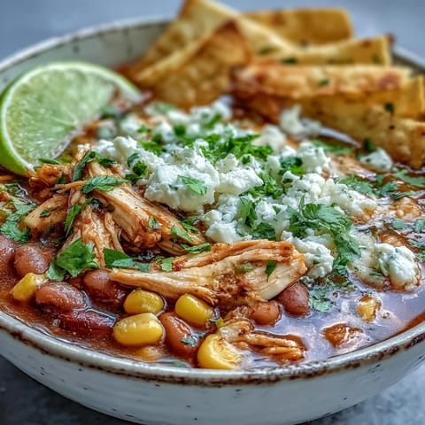 Bright red Chicken Tortilla Soup simmering in a rustic pot, topped with golden crispy tortilla strips and fresh cilantro.