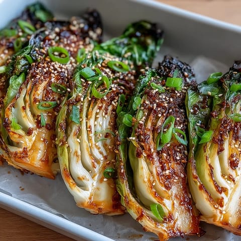 Miso Butter Roasted Cabbage Wedges garnished with scallions and sesame seeds, served hot.