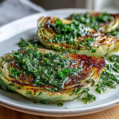 Golden brown cabbage steaks topped with vibrant green jalapeño chimichurri and fresh herbs.