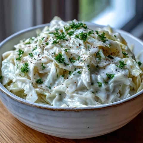 Tender Creamed Cabbage in a skillet, sautéed with onions and ready to serve alongside roast chicken