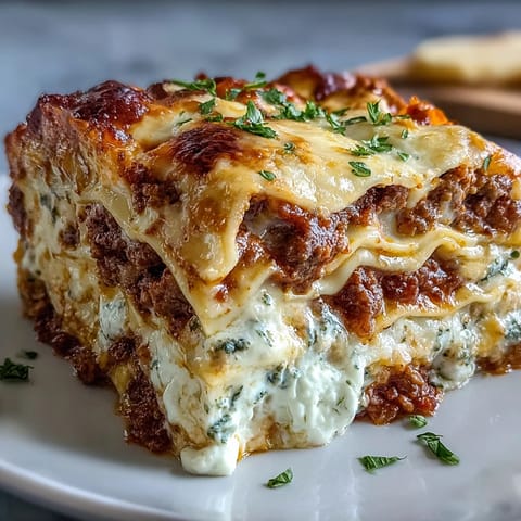 Steaming Italian lasagna slices served on a white plate with fresh basil garnish.