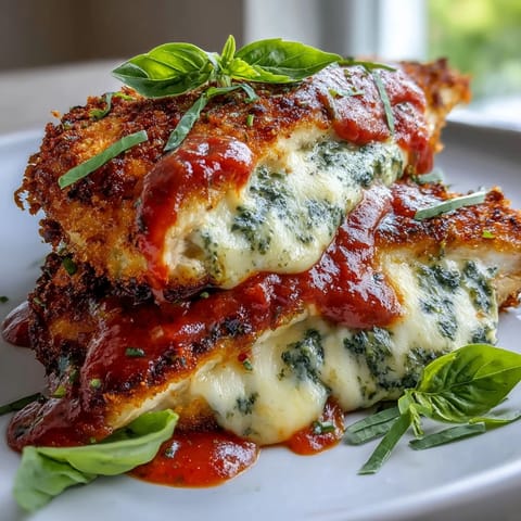 Sliced Pesto Chicken Parmesan revealing juicy chicken layered with marinara and vibrant green pesto.