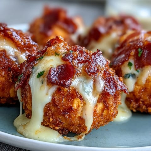 Fried Buffalo Chicken Bacon Mozzarella Bombs served hot alongside a creamy ranch dip, ready for a game day snack.