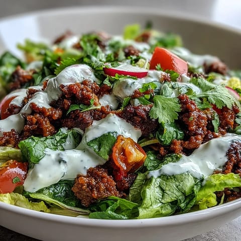 Seasoned ground beef, crisp romaine, and fresh veggies layered for a Healthy Taco Bowl, drizzled with zesty lime yogurt crema.