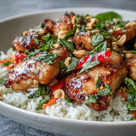 Golden-brown chicken and crisp vegetables sit atop creamy coconut rice in a Thai Chicken Coconut Bowl, garnished with peanuts and lime wedges.