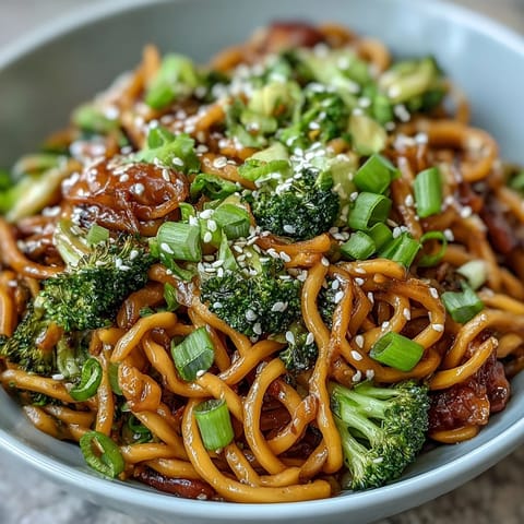 Freshly tossed Asian Teriyaki Noodle Bowl garnished with green onions, served hot for a quick dinner.