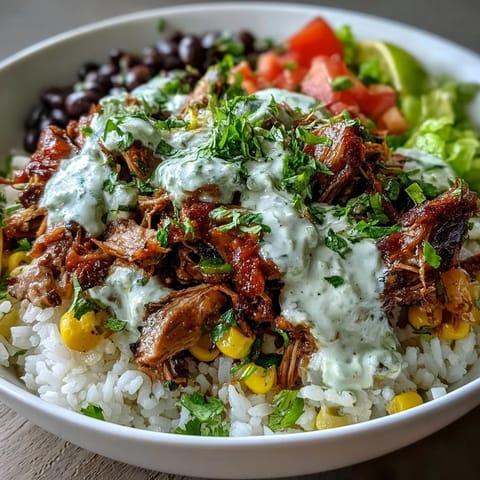 Savory Carnitas Burrito Bowl with fluffy rice, black beans, and fresh toppings, drizzled with creamy lime crema.