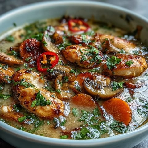 Steaming Thai Coconut Curry Soup Bowl filled with colorful veggies, chicken, and red curry, ladled beside jasmine rice for a comforting meal.