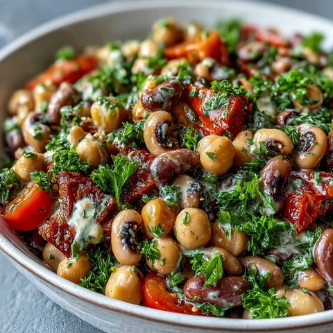 Colorful plated New Years Hoppin John Salad with creamy tahini dressing, tomatoes, bell pepper, and parsley garnish.
