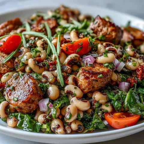 Hoppin' John Style Black-Eyed Pea Salad with Turkey Sausage arranged on greens, showcasing the vibrant mustard and fresh tarragon dressing.