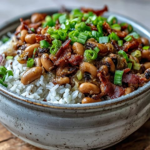 Golden Hoppin John served over fluffy white rice, topped with crispy bacon bits and fresh green scallions.