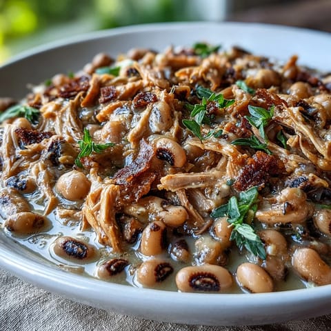 Crock-Pot Black-Eyed Peas with Smoked Turkey served steaming in a rustic bowl with a side of cornbread.