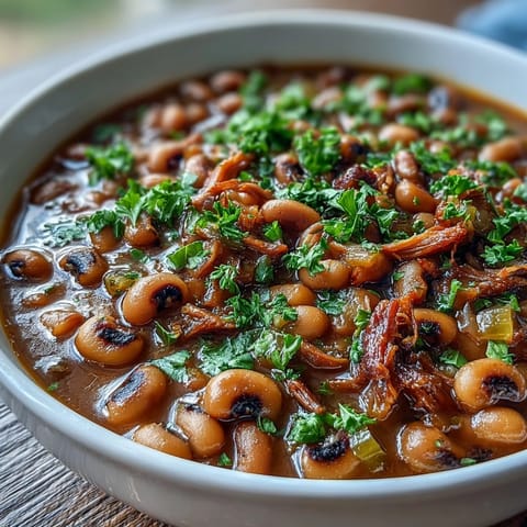 Steam rises from tender black-eyed peas cooked with smoked pork, simmering in a savory broth with aromatic Creole spices.