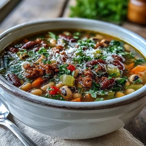 Hearty Black-Eyed Peas and Sausage Soup simmering in a Dutch oven with rustic vegetables.