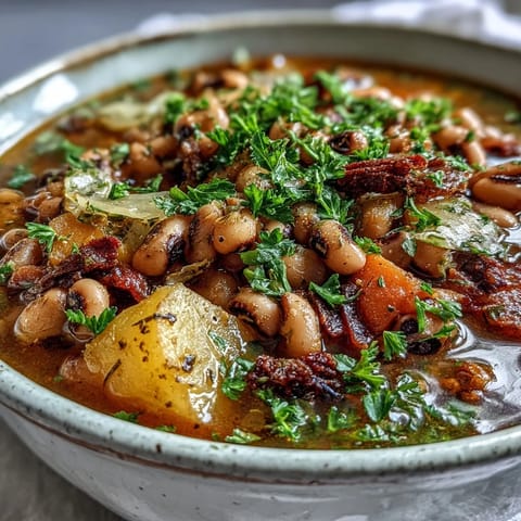 A close-up of Black-Eyed Pea Stew with Chefs Touch, garnished with fresh parsley and rustic bread on the side.