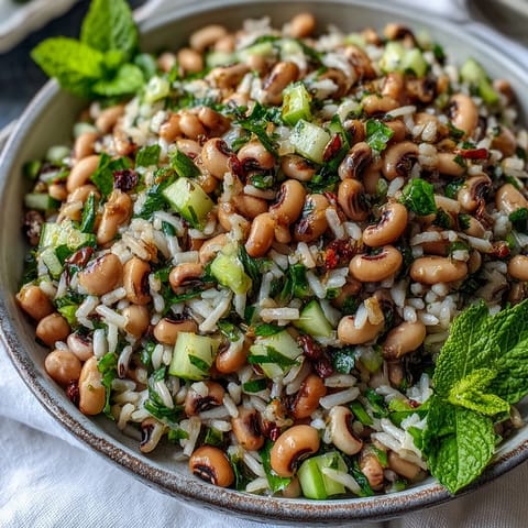 Vibrant Southern Black Eyed Pea Salad with brown rice and celery, drizzled with lemon-mint vinaigrette.