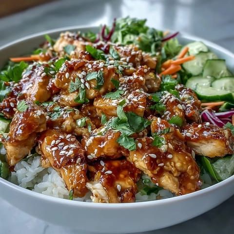 Vibrant colorful vegetables and tender chicken over fluffy white rice, drizzled with zesty Bang Bang Chicken Bowl sauce for an easy weeknight dinner.