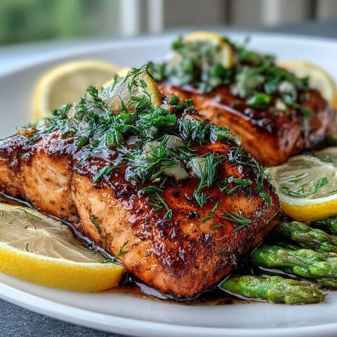 Golden-brown Marry Me Salmon served alongside roasted asparagus, finished with a squeeze of fresh lemon.