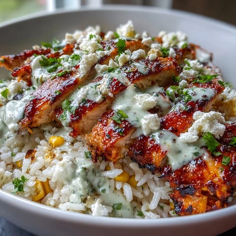 A vibrant serving of Street Corn Chicken Rice Bowl topped with creamy sauce and fresh cilantro. 