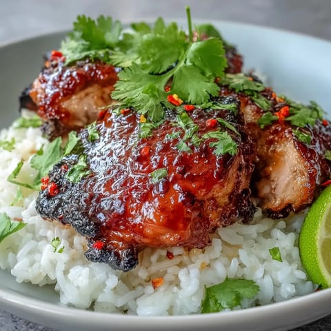 Sizzling skillet-seared Spicy Maple Chicken smothered in a sweet and spicy glaze, served over aromatic coconut rice for a vibrant dinner.