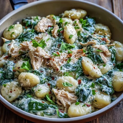 Creamy Spinach & Parmesan Gnocchi with Chicken served in a skillet, featuring tender gnocchi and shredded chicken in a rich, garlicky Parmesan sauce.