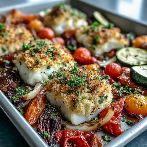 Crispy cod fillets with Parmesan Crusted Sheet Pan Fish & Veg served alongside tender roasted vegetables and fresh parsley garnish.