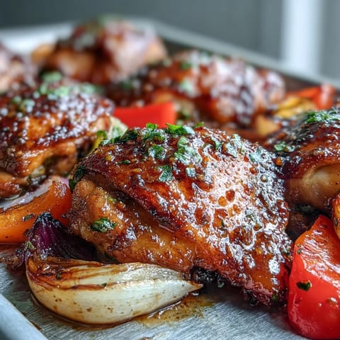 Golden-brown, tender chicken thighs and colorful bell peppers coated in sticky honey garlic sauce on a sheet pan, served alongside warm naan bread.