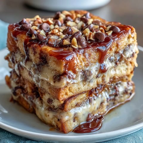 A close-up of High-Protein Peanut Butter & Chocolate Baked French Toast shows melted dark chocolate chips on a puffed, golden crust.