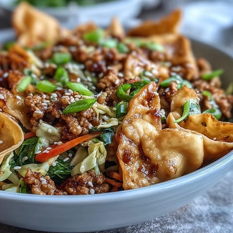 This delicious deconstructed egg roll recipe features sautéed lean ground turkey, cabbage, carrots, and red bell peppers in a savory ranch and soy sauce glaze.
